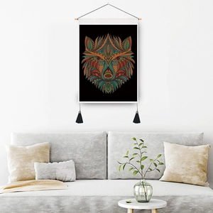 Wolf totem dreamcatcher tapestry with mandala patterns and wooden hanging rod on white wall