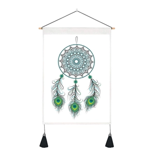 Bohemian dreamcatcher tapestry with mandala print, wooden pole, and black tassels