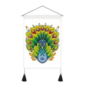 Abstract peacock dreamcatcher wall tapestry with mandala pattern and black tassels