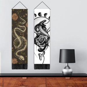 Set of two snake and rose botanical hanging tapestries with black tassels for wall decor