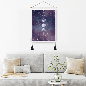 Phases of the moon wall tapestry with celestial nebula and elegant wooden scroll frame