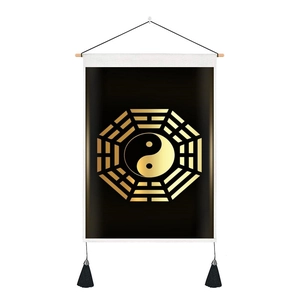 Suspension murale traditionnelle Tai Chi Bagua avec motifs dorés et glands en soie noire