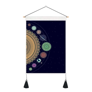 Starry universe tapestry with mandala sun print, wooden hanging rod and black tassels