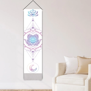 Vertical bohemian wall tapestry featuring blue-purple moon lotus and hamsa hand design