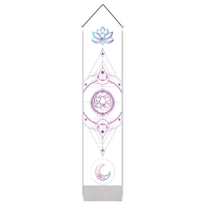 Bohemian lotus wall tapestry with lunar phases and wooden hanging rod on white backdrop