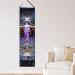 Vertical psychedelic spiritual wall scroll hanging with colorful art and black tassels