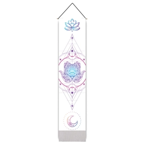 Macro shot of vertical tapestry featuring mystical lotus and moon phase on white fabric