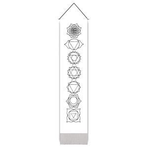 Hanging scroll with seven chakra symbols and grey tassels for meditation wall decor