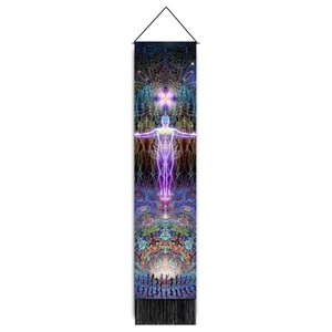 Vertical psychedelic tapestry with cosmic mandala, wooden pole and black tassels