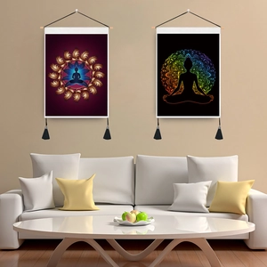 Zen Meditation Buddha Mandala Wall Hanging Scroll Poly-cotton Fabric Tapestry With Wooden Pole And Tassels For Home Decor Yoga Room
