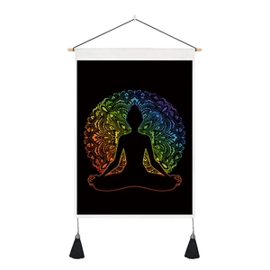 Rainbow mandala wall scroll with meditation silhouette and black fringe accents