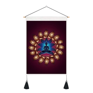 Zen Buddha meditation wall scroll with mandala lotus print and black tassels