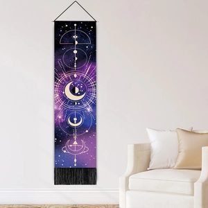 Tapiz vertical con estampado de fases lunares moradas y borlas negras para el hogar