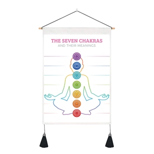 Detail of Seven Chakras wall scroll featuring wooden poles and black hanging tassels