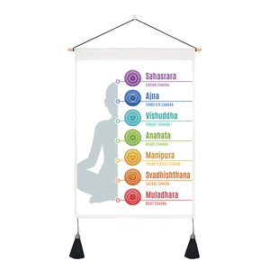 Detail of chakra wall tapestry with wood pole, colorful symbols and black tassels