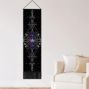 Bohemian moon phase tapestry with maple leaf print and black fringe for wall decor