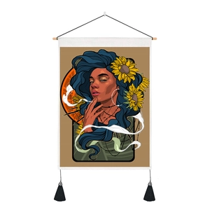 Vertical Tarot style tapestry with blue hair woman and sunflower on wooden hanger