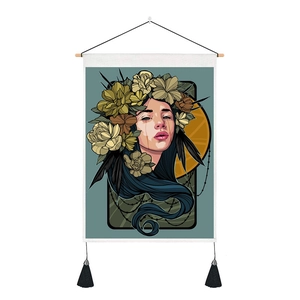 Art Nouveau tarot style wall tapestry featuring a floral crown lady with wooden hanger