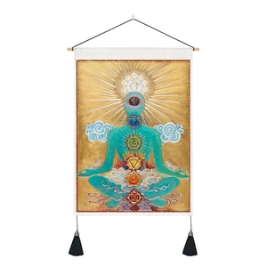 Detailed chakra tapestry with meditation figure, wooden beam and black bottom tassels
