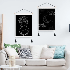 Modern moon series tapestry with star digital print and elegant black tassels