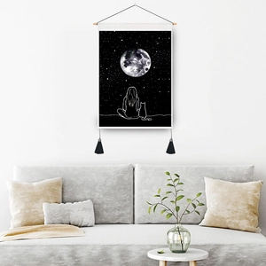 Modern moon and forest tapestry with wooden hanger and tassels for wall decoration