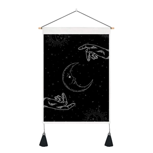 Modern moon tapestry with celestial stars and wooden hanging rod for wall decoration
