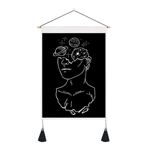 Minimalist moon and starry sky wall tapestry with black forest and cosmic planet print