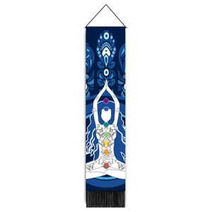 Bohemian evil eye chakra wall tapestry with meditation silhouette and black tassels