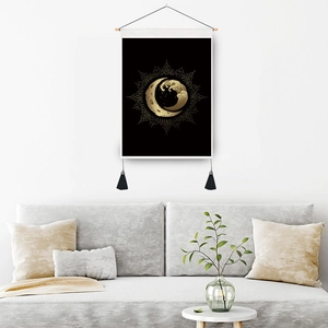 Modern abstract wall tapestry with black gold sun and wave art for living room decor
