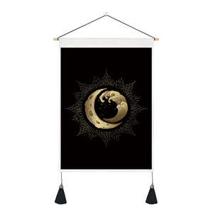 Modern abstract wall scroll with golden moon and wave design on black fabric