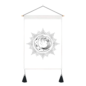 Minimalist canvas wall art featuring black sun and moon line art with wooden frame