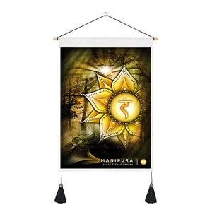 Nahaufnahme des Solarplexus-Chakra-Wandteppichs mit Lotus-Muster und Quasten