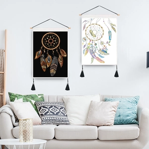 Nordic watercolor feather dreamcatcher wall tapestry with wooden rod and black tassels