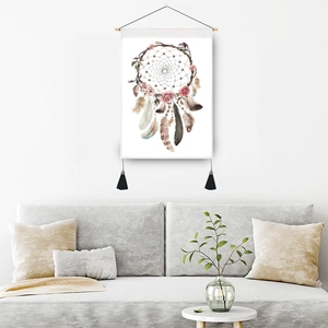 Watercolor feather dreamcatcher wall tapestry with wooden rod and black tassels