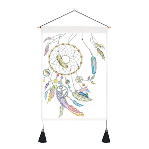 Watercolor feather dreamcatcher wall tapestry with wooden rod and black tassels