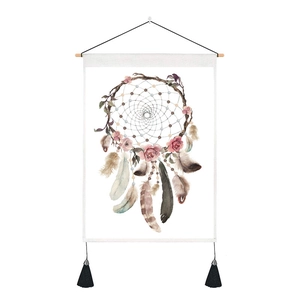 Detail of bohemian dreamcatcher tapestry with watercolor feathers and rose floral design