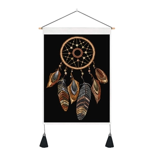 Macro detail of watercolor feather dreamcatcher tapestry with black canvas and tassels