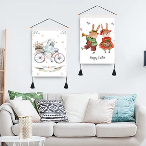 Easter wall tapestries with watercolor bunnies, wooden hanging rod and black tassels