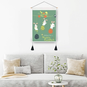 Easter cartoon rabbit wall hanging tapestry with wooden rod and black tassels for home decor