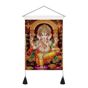 Tapisserie murale Ganesha avec siège en lotus et tringle en bois décorative