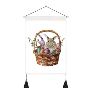 Easter bunny tapestry with watercolor floral basket and black tassels for wall decor