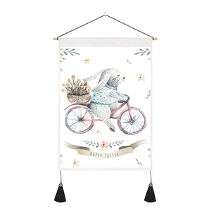 Easter rabbit on bicycle wall hanging tapestry with Happy Easter text and tassels