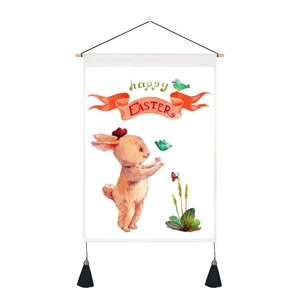 Easter wall tapestry with watercolor rabbit, birds, and decorative black tassels