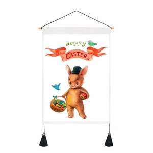 Detail of Easter tapestry with cartoon rabbit, flower basket and wood hanging rods