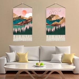 Arazzo Da Parete Paesaggio Astratto Nordico Poliestere Cotone Rotolo Appeso Con Palo Di Legno E Nappine