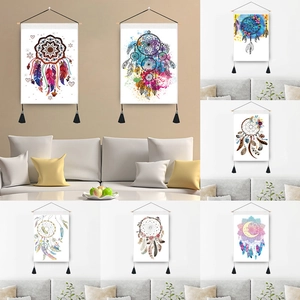 Bohemian Dreamcatcher Wall Hanging Tapestry Cotton Polyester Watercolor Feather Flower Print With Wood Pole Tassel Decor