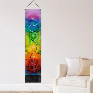 Vertical Chakra tapestry with rainbow gradient, yoga meditation wall art and black tassels