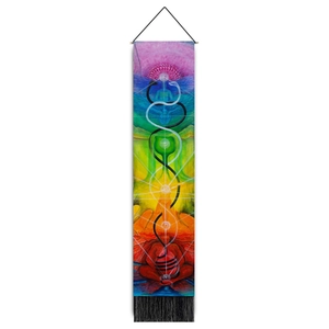 Vertical rainbow mandala tapestry with seven chakra symbols and meditation silhouette