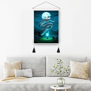 Tapisserie serpent lune florale avec cadre en bois et pompons pour décor de maison