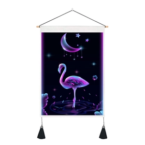 Neon flamingo tapestry with wood pole and black tassels on a dark starry sky background